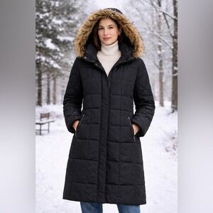 Barneys New York Black Long Down Puffer Coat w/Faux Fur Hood Down Filled Classic